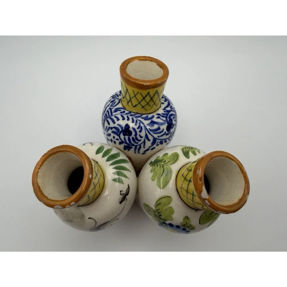 Mid-Century Modern Italian Pottery Hand Painted 3 Connected Cluster Vases